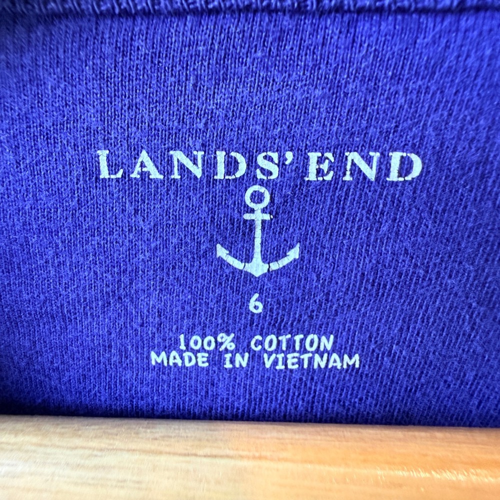 Lands End Polka Dot Knit Dress Girls 6 Blue Long Sleeve Empire Waist Pockets - Picture 2 of 5